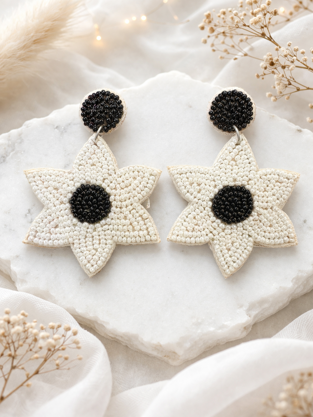 Floral Petals Beaded Earrings- Black & White