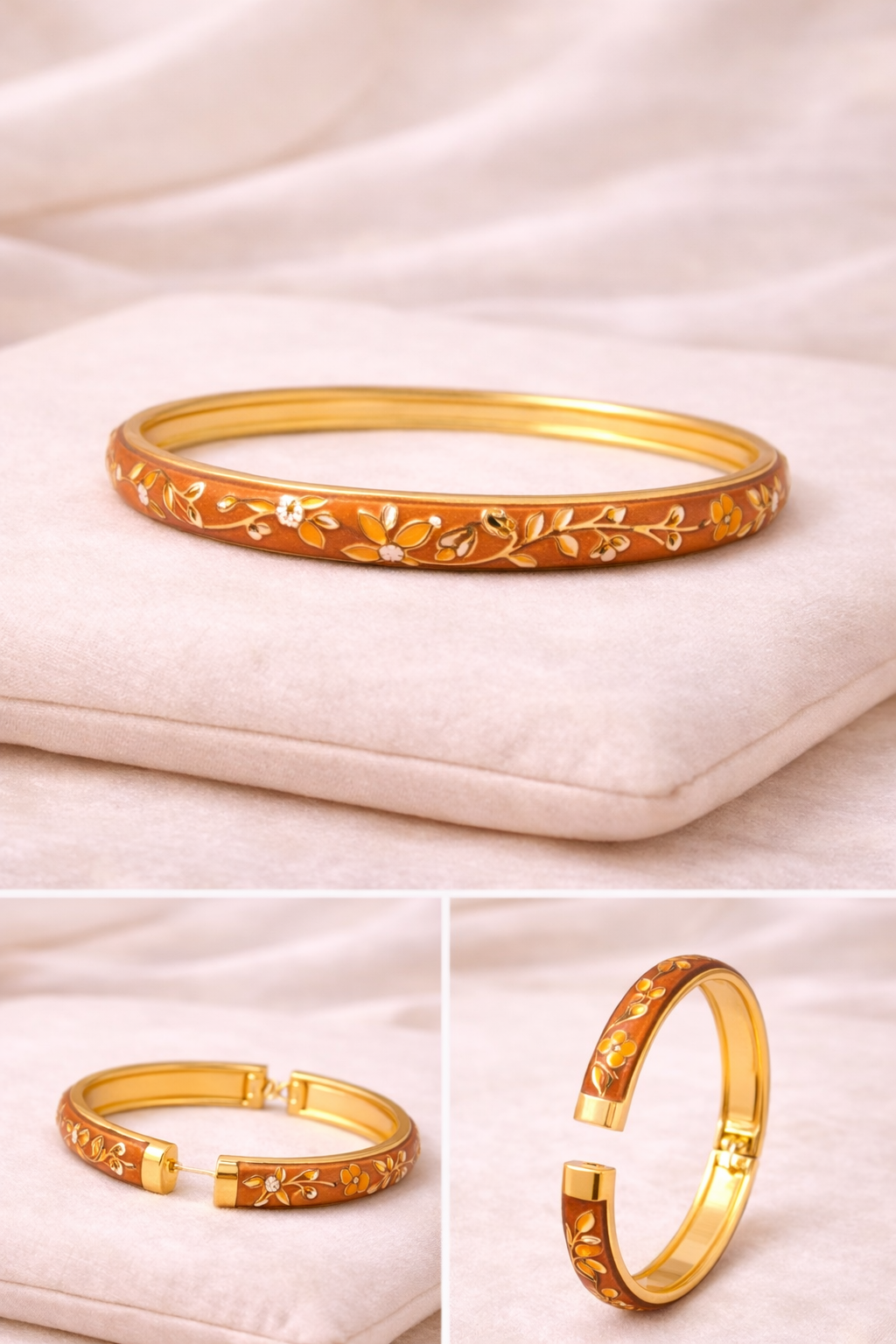 Meenakari Floral Open Lock Bangle-Rust Orange