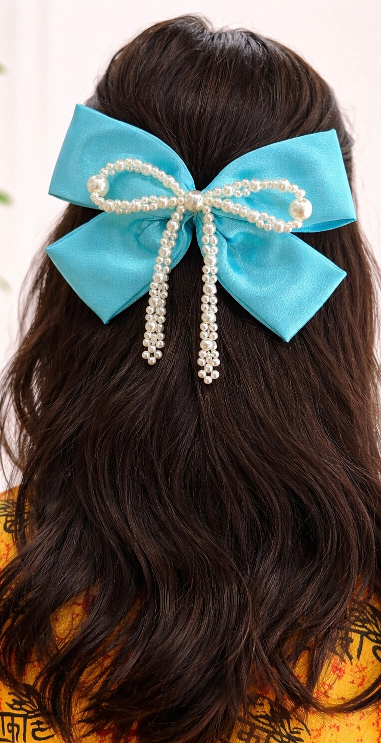 Pearl Hair Bow Clip -Sky Blue