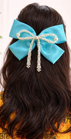 Pearl Hair Bow Clip -Sky Blue