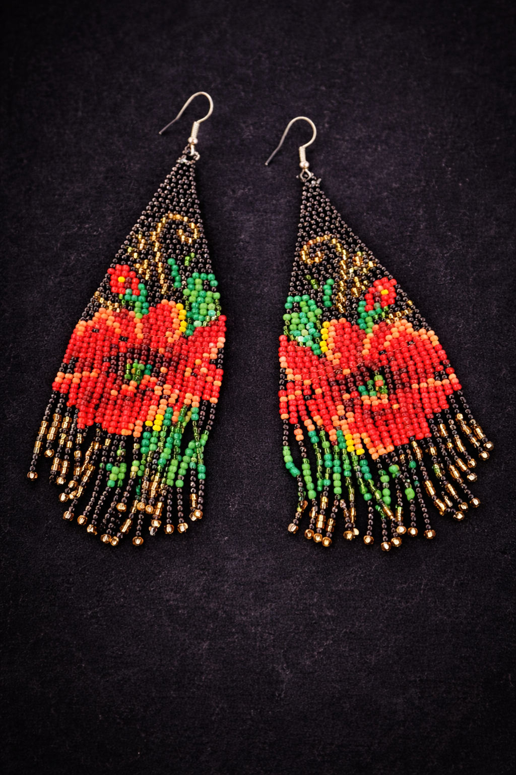 Boho Black Bloom Beaded Tassel Earrings