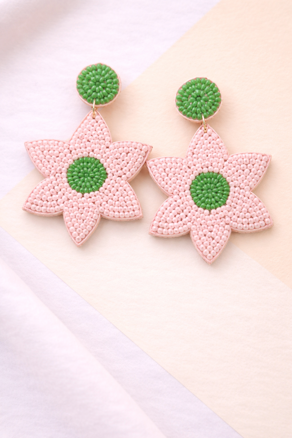 Floral Petals Beaded Earrings- Baby Pink & Green