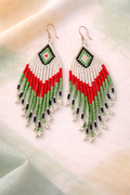 Multi-Colored Pop Fringe Beaded Earrings (Red & Pastel Green)