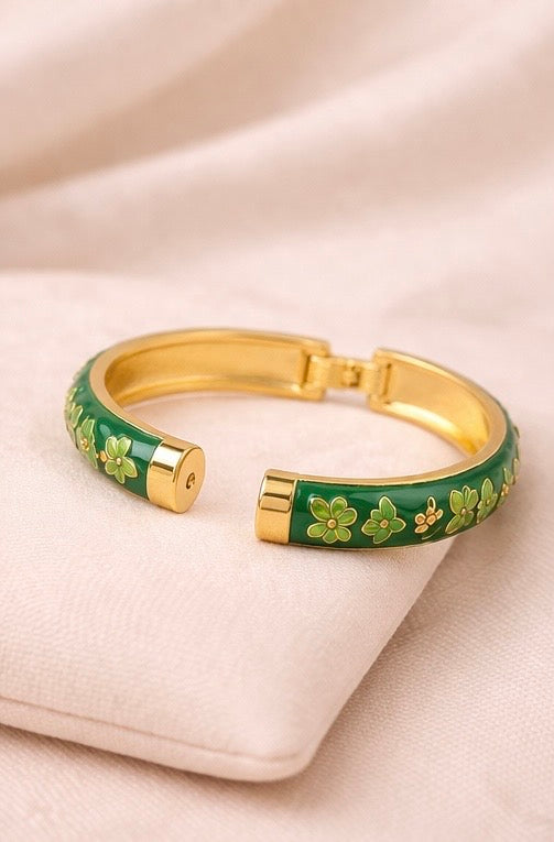 Meenakari Floral Open Lock Bangle-Green