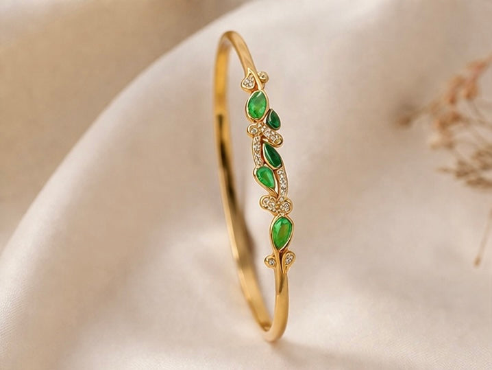Sleek Gold Lock AD Bracelet-Emerald Vine Charm