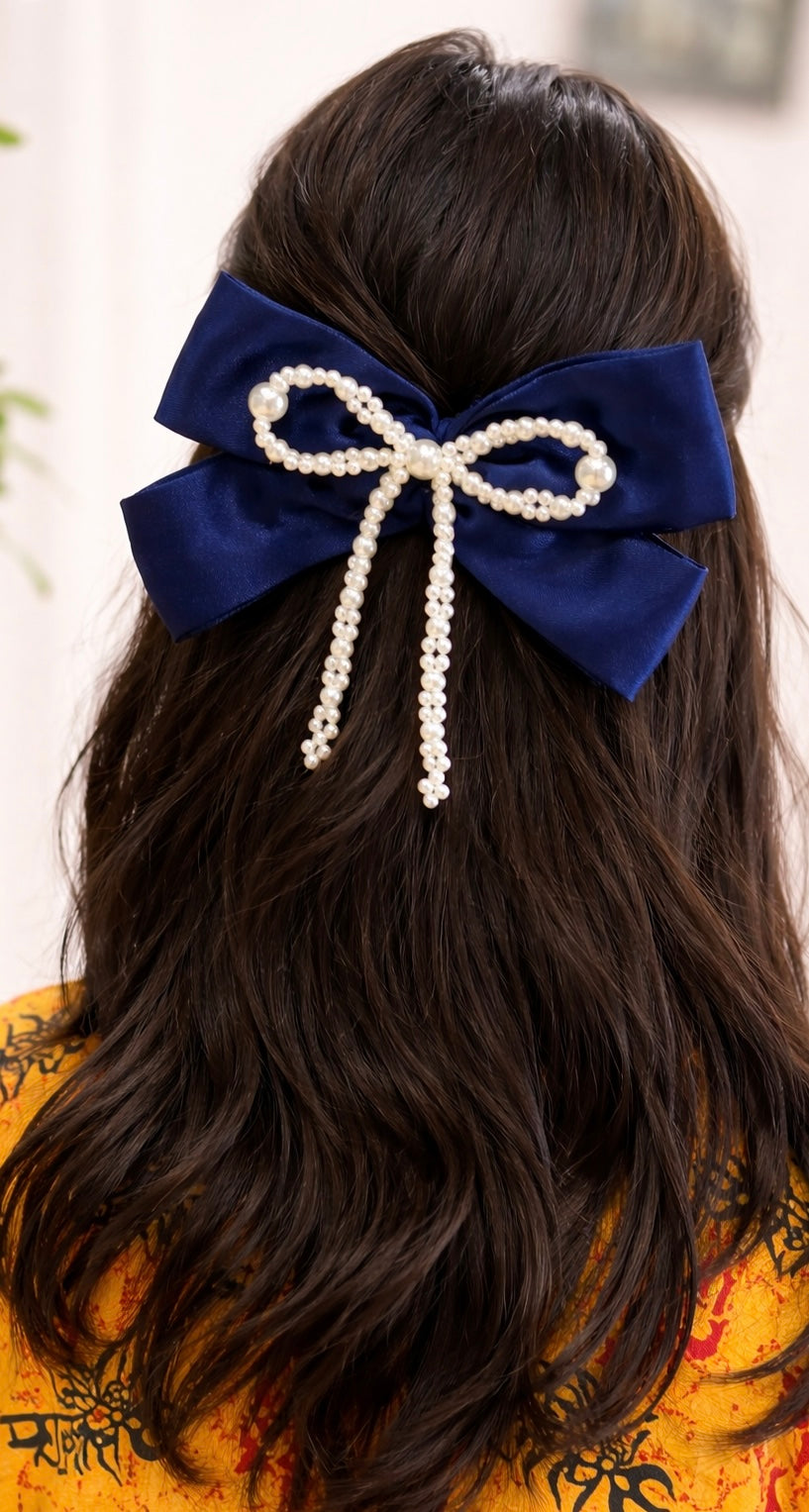 Pearl Hair Bow Clip- Navy Blue