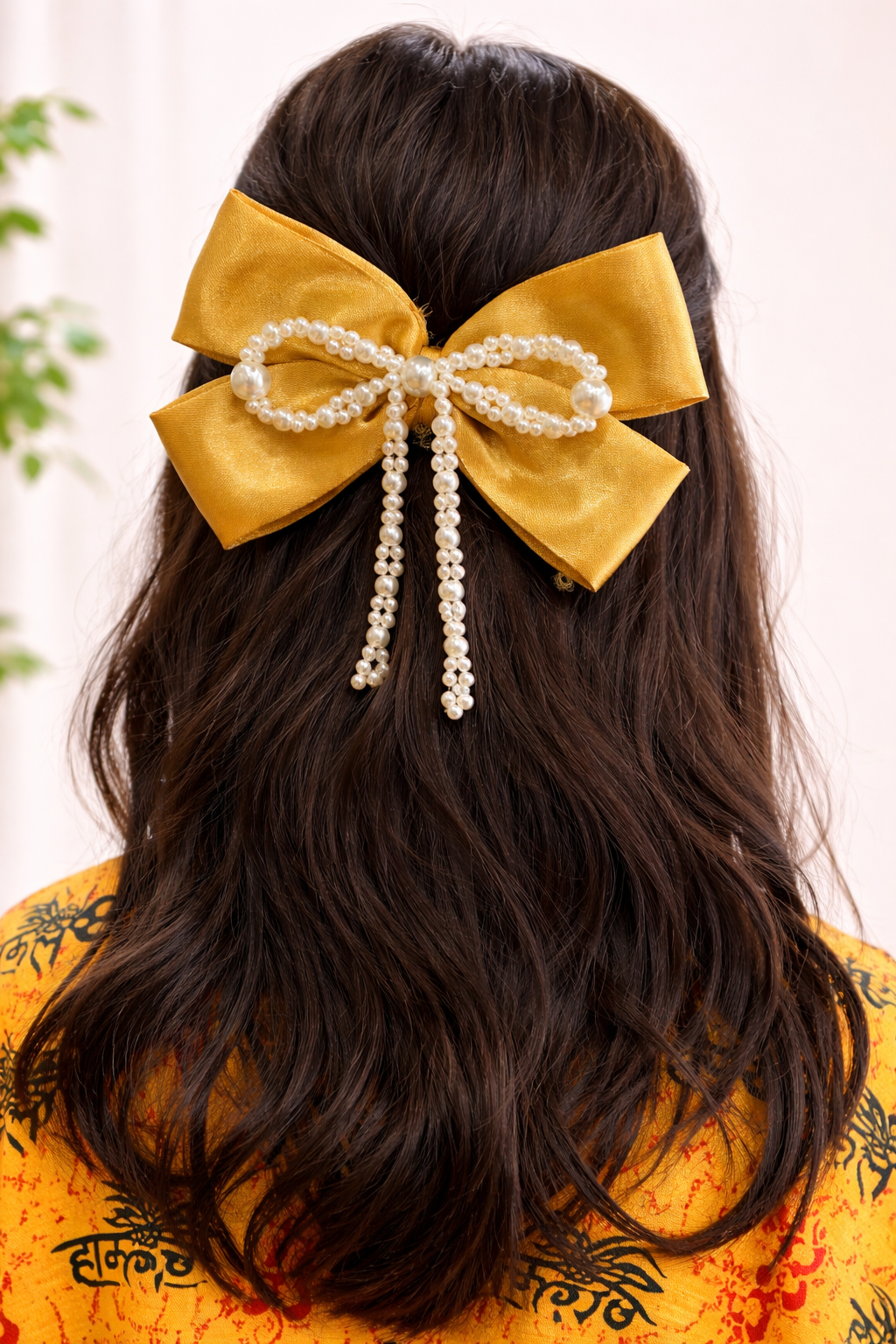 Pearl Hair Bow Clip- Mustard Yellow