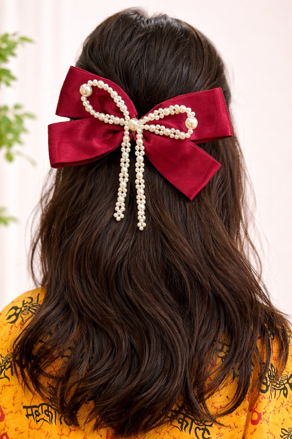 Pearl Hair Bow Clip- Maroon