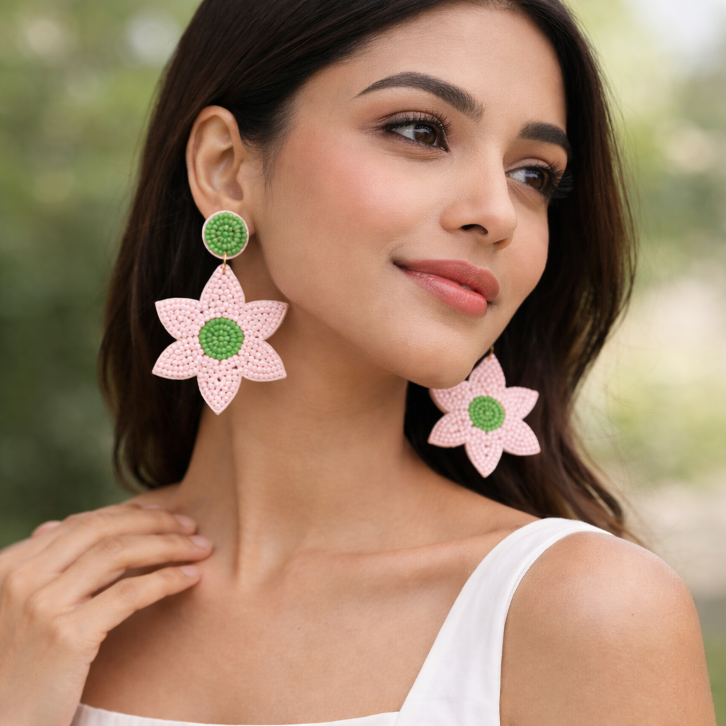 Floral Petals Beaded Earrings- Baby Pink & Green