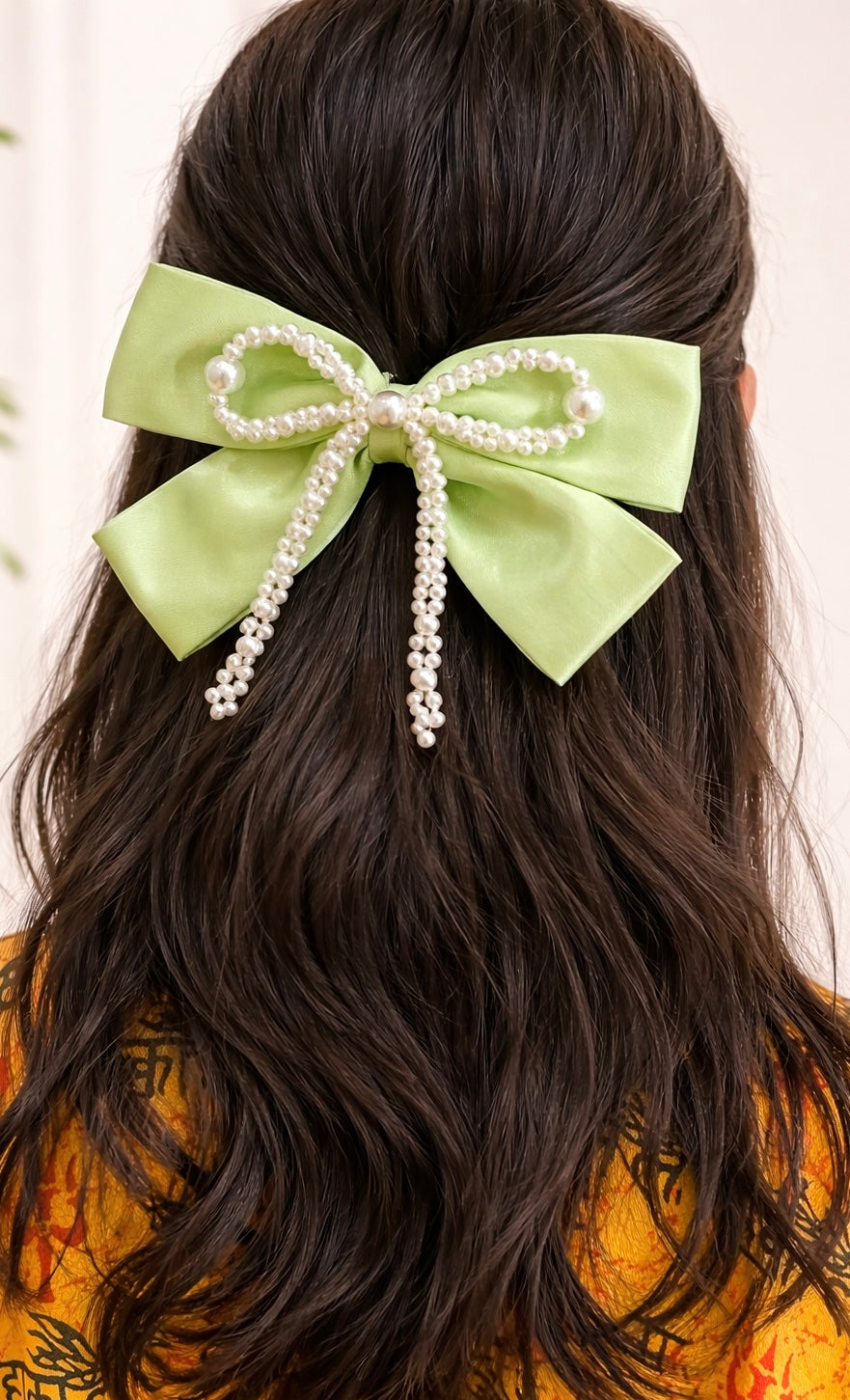 Pearl Hair Bow Clip- Mint Green