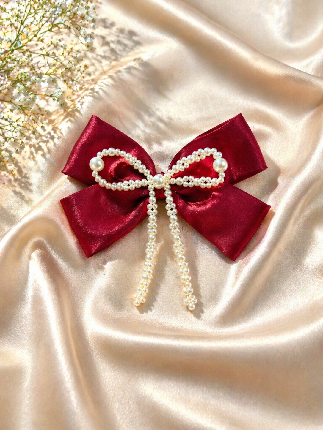 Pearl Hair Bow Clip- Maroon