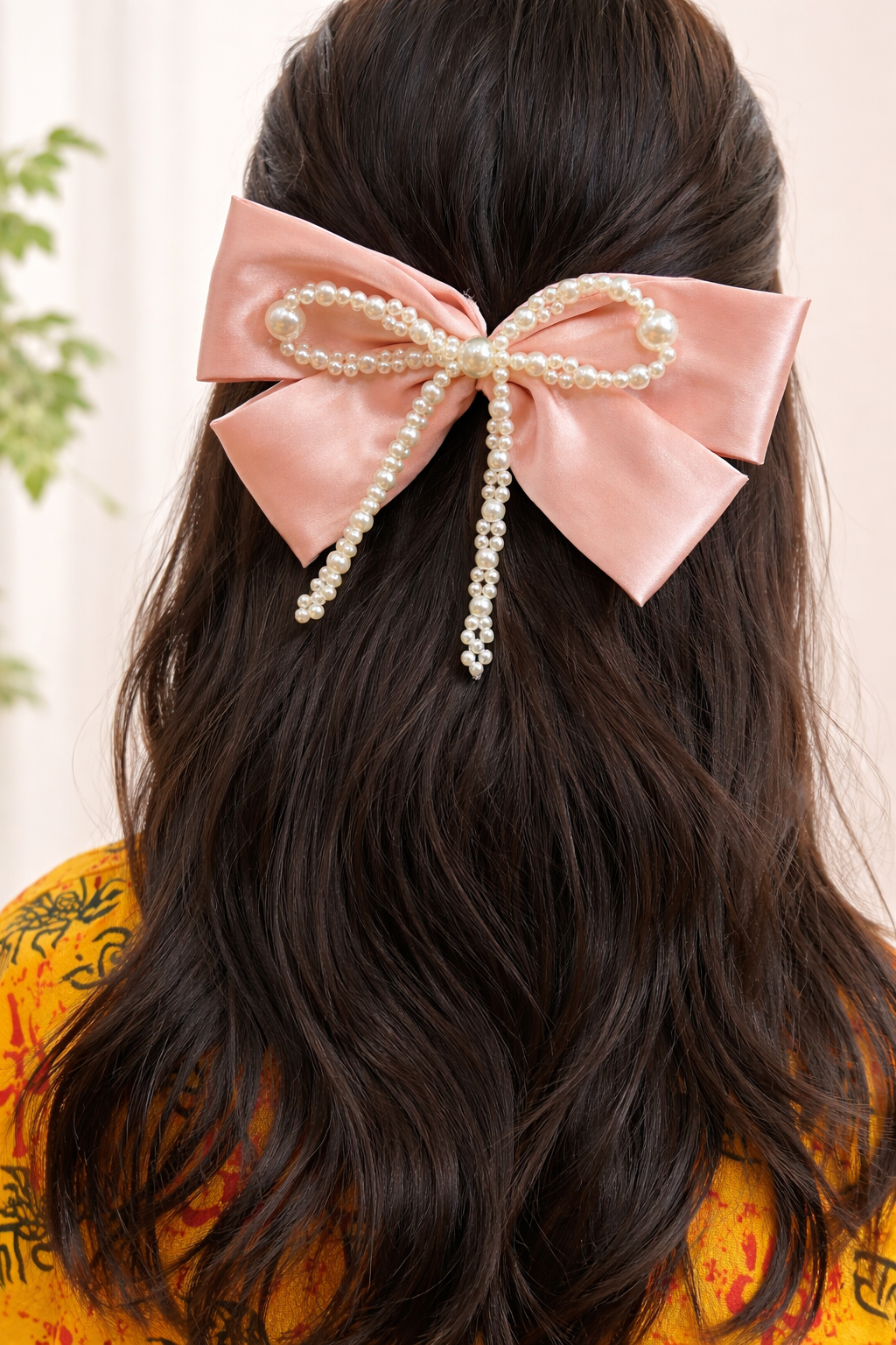 Pearl Hair Bow Clip-Blush Pink