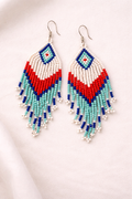Multi-Colored Pop Fringe Beaded Earrings (Red & Sky Blue)
