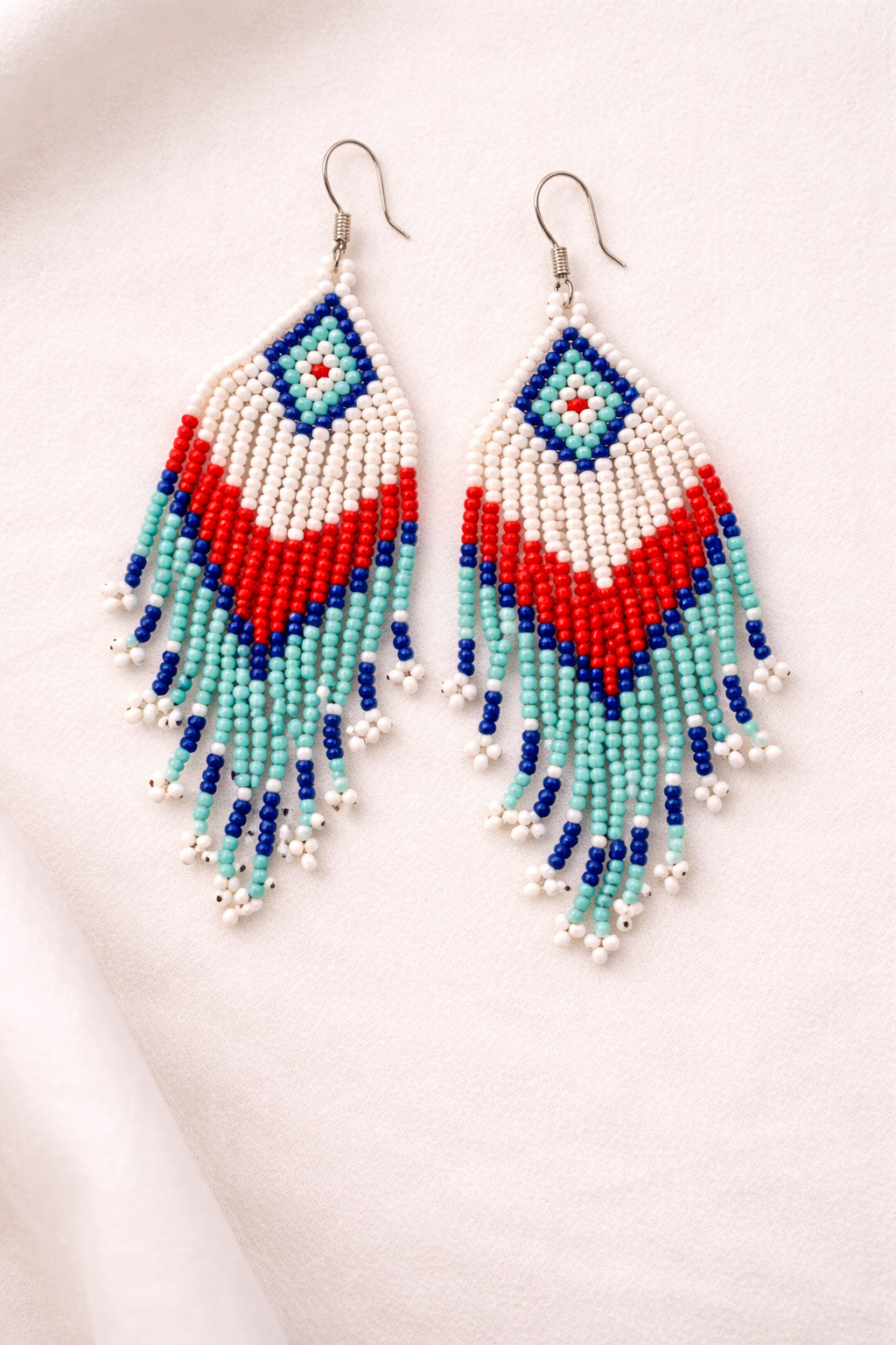 Multi-Colored Pop Fringe Beaded Earrings (Red & Sky Blue)