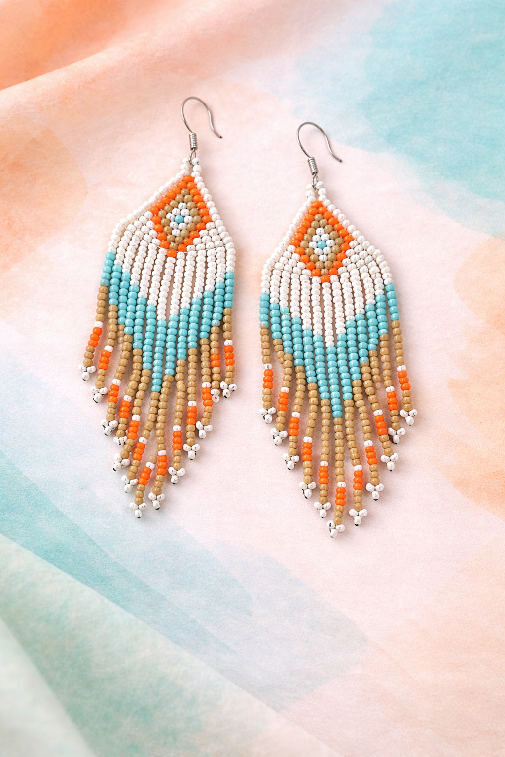 Multi-Colored Pop Fringe Beaded Earrings (Orange & Sky Blue)