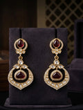 Regal Golden Earrings With Sparkling Maroon And White Stones
