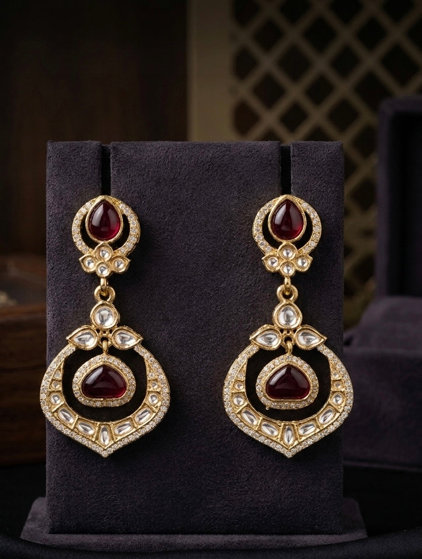 Regal Golden Earrings With Sparkling Maroon And White Stones