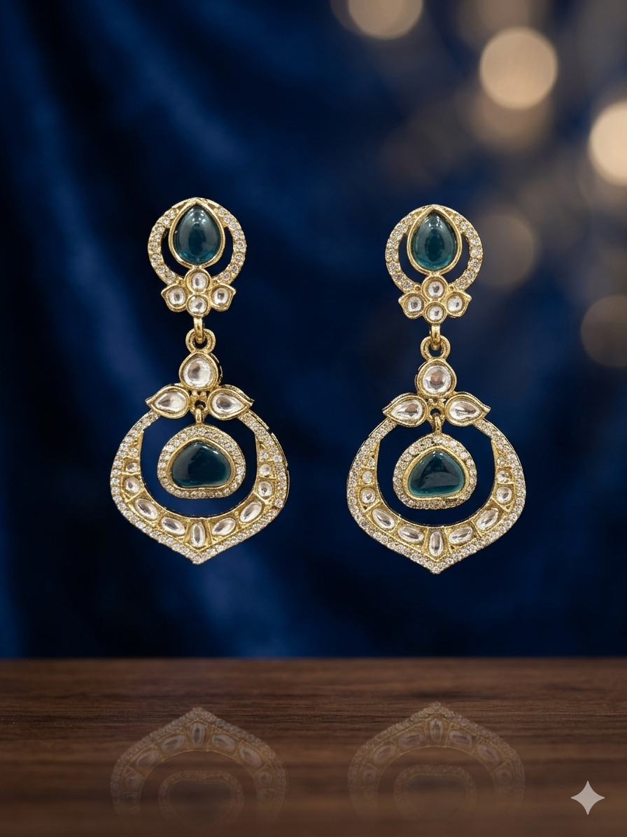 Regal Golden Earrings With Sparkling Aqua Blue And White Stones