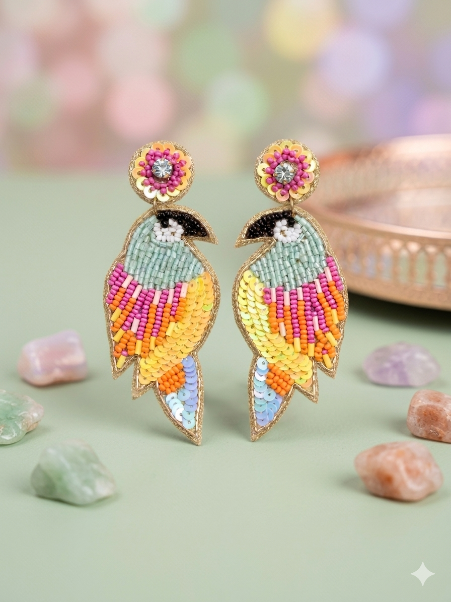 Tropical Parrot Hand-Beaded Statement Earrings