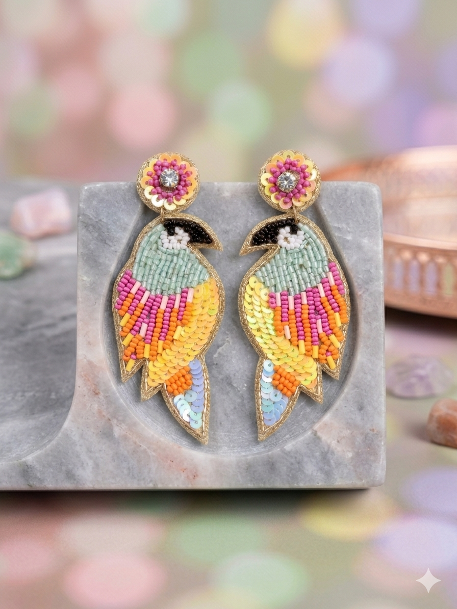 Tropical Parrot Hand-Beaded Statement Earrings