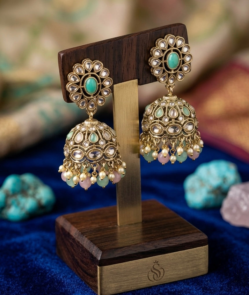 Mint Blossom Antique Jhumkas With Soft Mint, Blush Pink And Pearl Bead Tassels