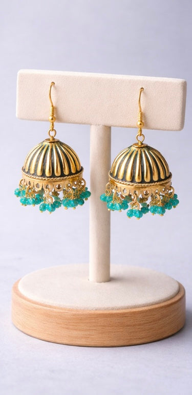 Aqua Heritage Jhumkas with Golden Glow