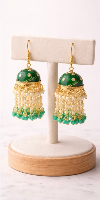 Rich Green Jhumka With Delicate Pearl Drops