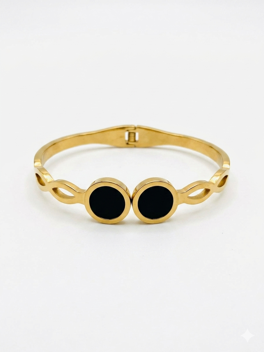 Korean Gold & Black Open Cuff Bracelet-Double Disc