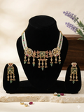 Golden Heritage Set with Striking Green Drops And Multi-Strand Pearl Chain