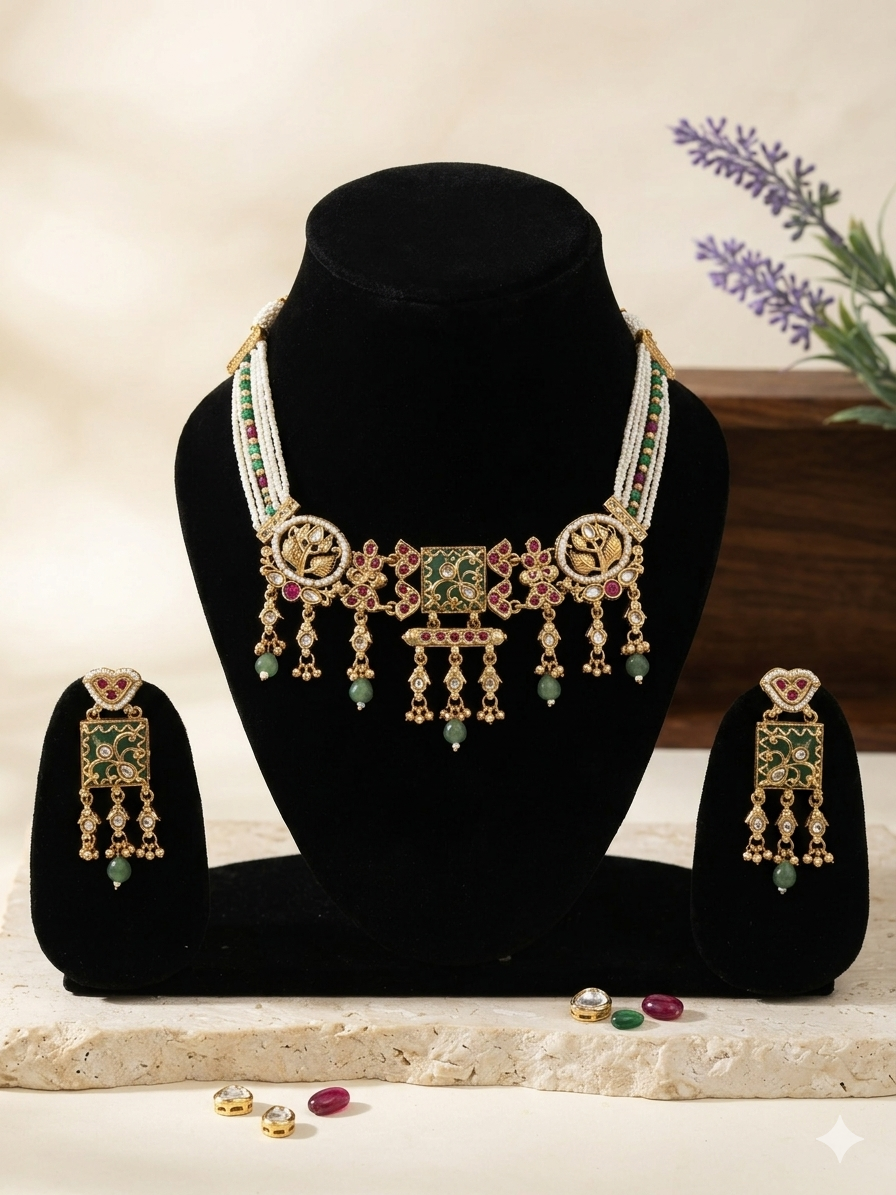 Golden Heritage Set with Striking Green Drops And Multi-Strand Pearl Chain
