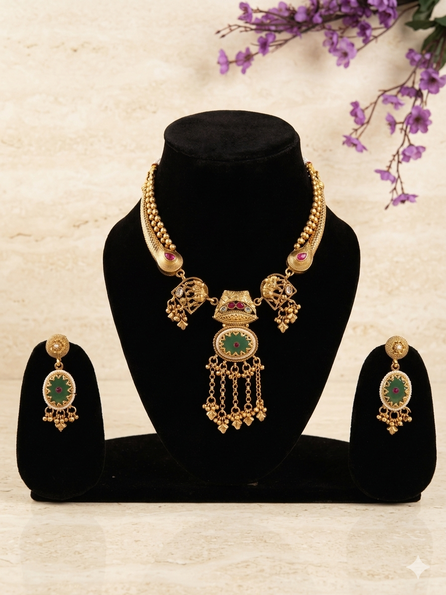 Navratna Grace Choker Matte Finish Set With Matching Earrings