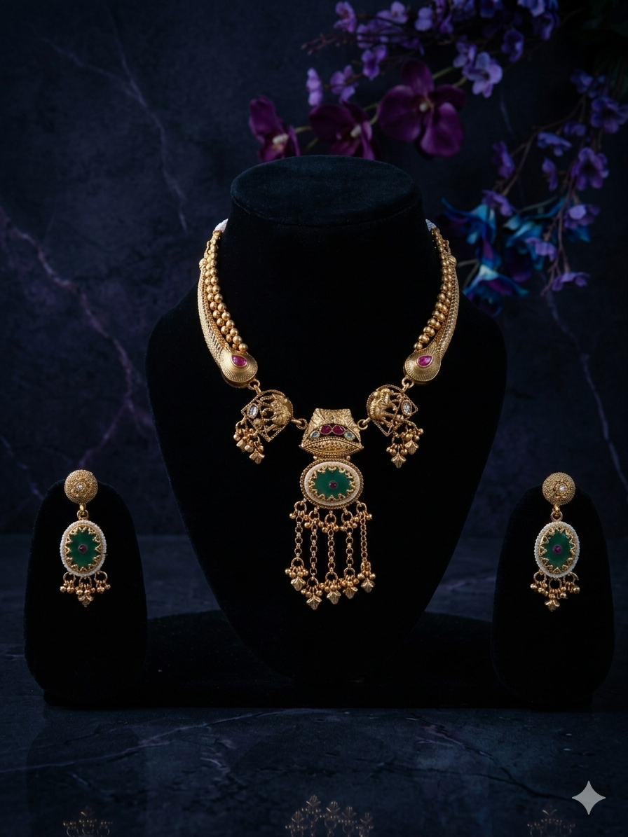 Navratna Grace Choker Matte Finish Set With Matching Earrings