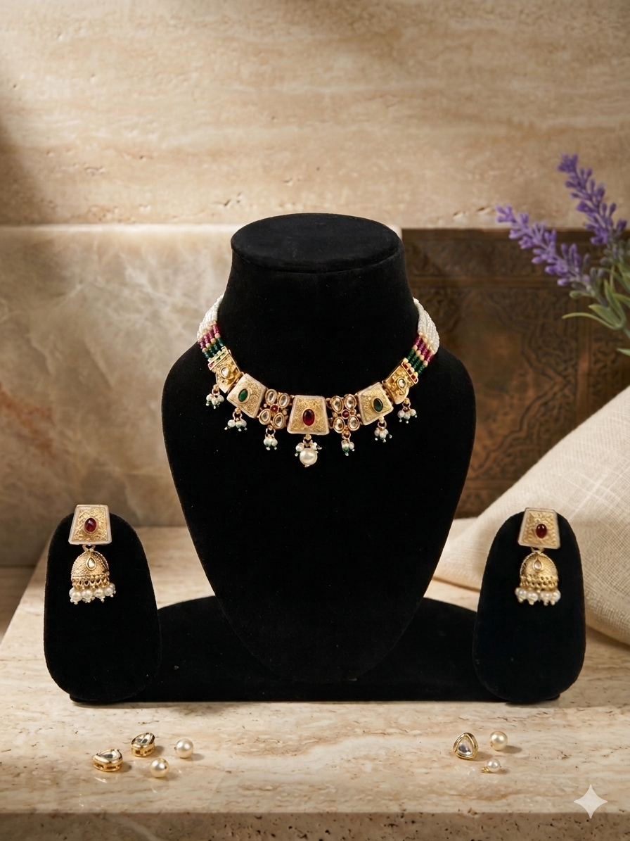 Navratna Choker Set Paired With Matching Earrings