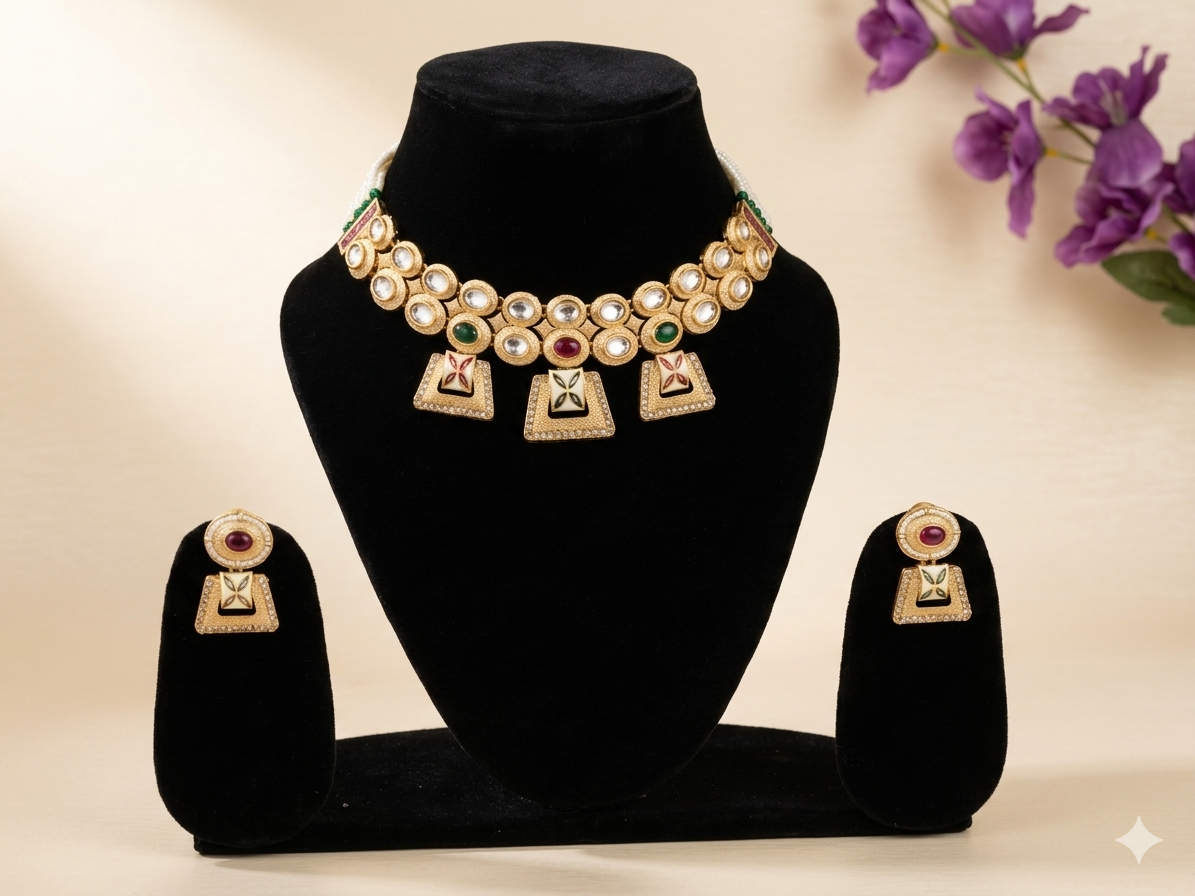 Heritage Meenakari Matte Finish Necklace Set And Matching Earrings
